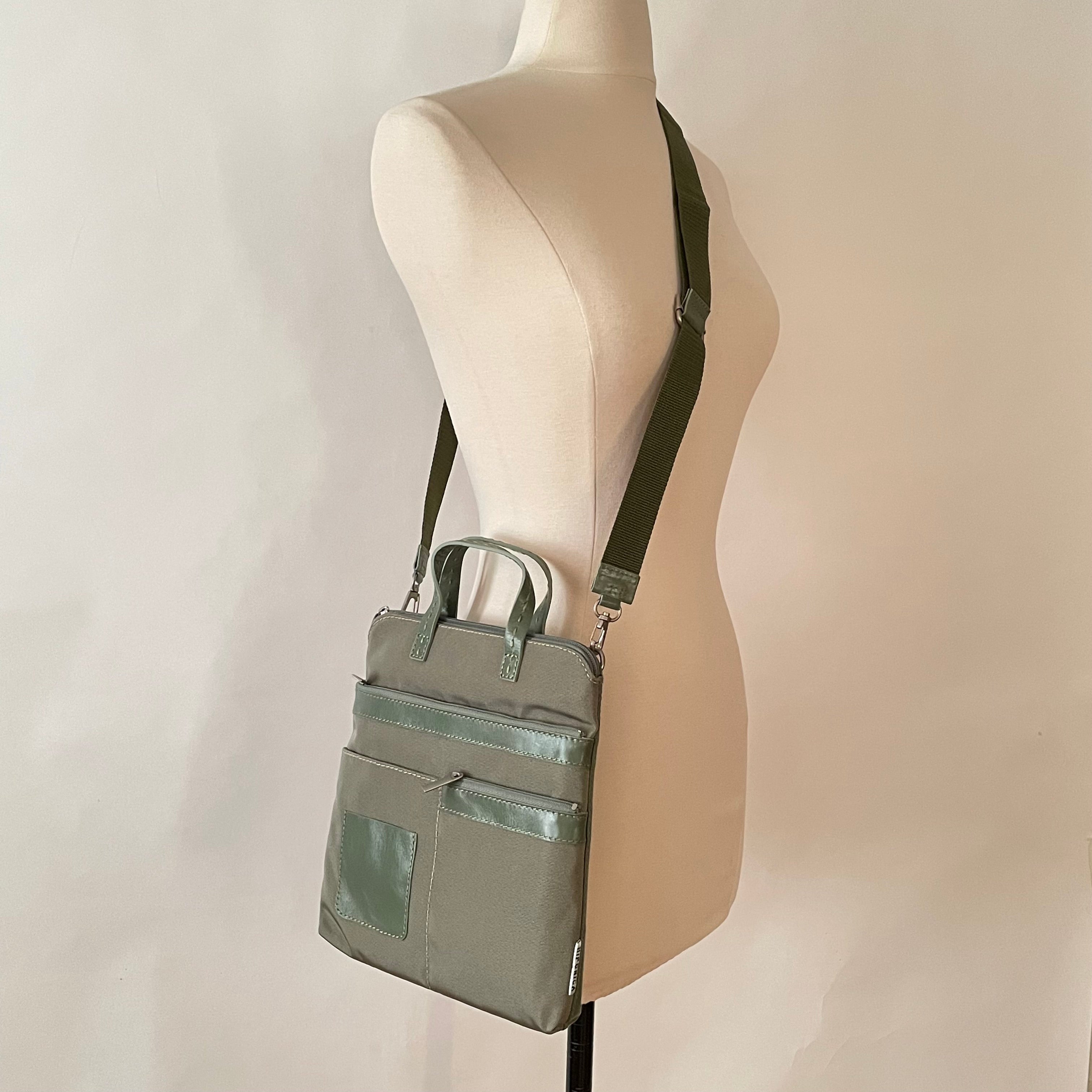 Premium Collection | Small Nylon x Leather Mix Cross-Body Shoulder Bag with Metal Zipper Pulls and Rose Embroidery | Sage